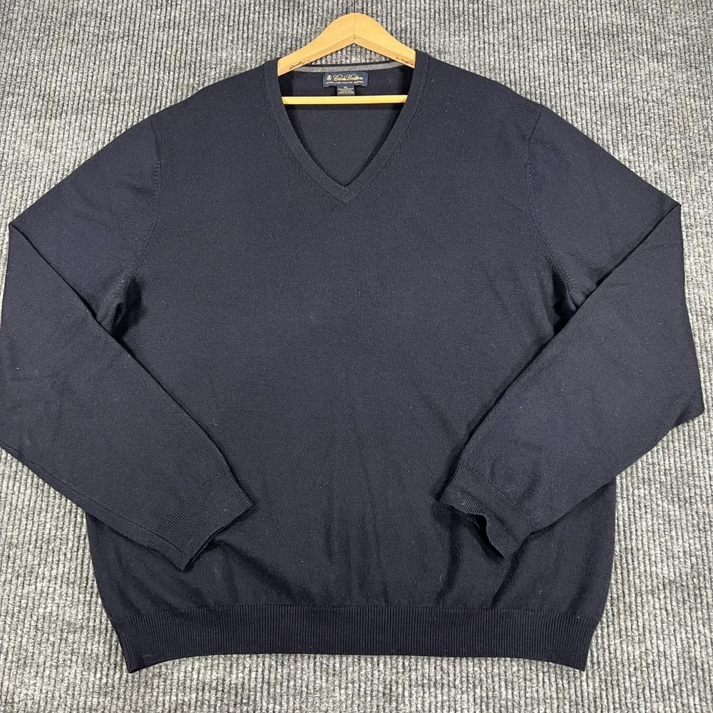 Brooks Brothers Sweater Mens XL Blue Extra Fine Merino Wool V Neck Pullover